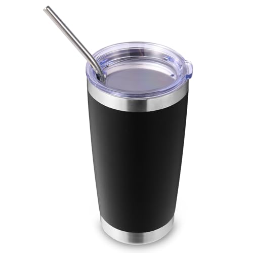 Volhoply 20oz 550ml Travel Insulated Tumbler with Lid and Straw, Double Wall Insulated Travel Iced Coffee Mug Fits Car Cup Holder,Powder Coated Cups for Hot & Cold Drinks, BPA Free（Black,1 Set）