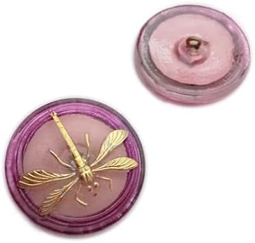 1 pcs Hand made and painted Czech glass button 31,5 mm, with dragonfly pink gold