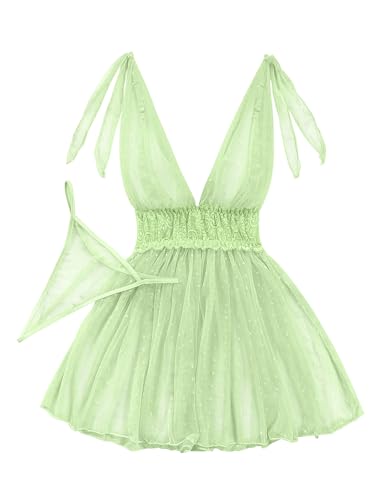 Image of Lilosy Sexy Polka Dots Mesh Sheer Lace Babydoll Chemise Lingerie Set Floral Sleep Wear