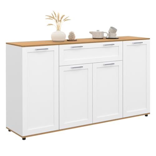 IDMarket VITO - Aparador de 140 cm, 4 puertas y 1 cajón, color blanco y madera