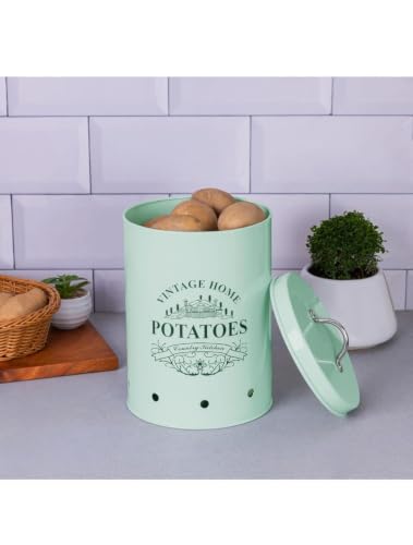Image of Galvanized Metal Vegetable Storage Container Set of 3 for Potato, Onion & Garlic | Ventilated Kitchen Pantry Organizer with Lids | Rust-Resistant Food Storage Bins | Green