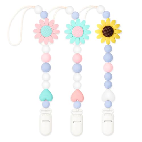Image of LSTRAGY Silicone Pacifier Clip, 3 Pack Pacifier Holder for Boys and Girls, Adorable Sunflower Pacifier Clips Fits for Most Pacifier, Baby Teethers, Baby Shower and Baby Gift