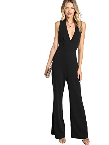MakeMeChic Women s Sexy Deep V Neck Sleeveless Wide Leg Loose Jumpsuits Rompers A Black L