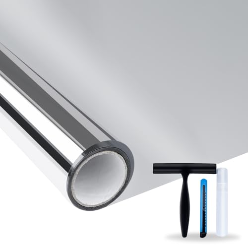 Volcanics Lámina de espejo para ventana, protección visual, 90 x 196 cm, con herramientas de montaje, lámina para ventana opaca desde el exterior, color plata, protección solar para interior y