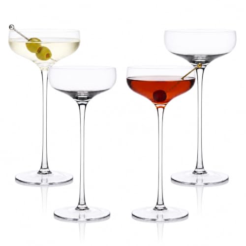 LEMONSODA Clear & Ribbed Martini Coupe Glasses - Classic Barware for Espresso Martini, Manhattan, Cosmopolitan – Handcrafted Luxury Glassware for Home Entertaining (Long Stem 7.5oz, Set of 4)