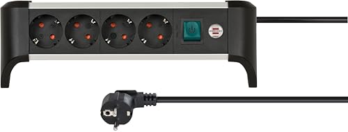 Brennenstuhl Alu-Office-Line Steckdosenleiste 4-Fach/Steckerleiste aus Aluminium für den Schreibtisch (Mehrfachsteckdose mit Schalter und 1,8m Kabel, Made in Germany)