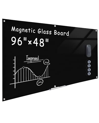 Mifuro Magnetic Glass Whiteboard，96"x48" Wall Mounted Frameless Dry Erase Board for Office, Home & School Black