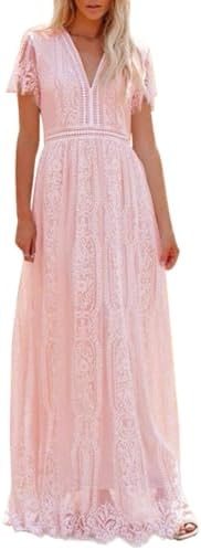 ABEWIP Women’s Casual Boho Floral Lace V-Neck Dress Embroidery Cocktail Maxi Dress Bridesmaid Wedding Evening Party Pink Floral Lace L