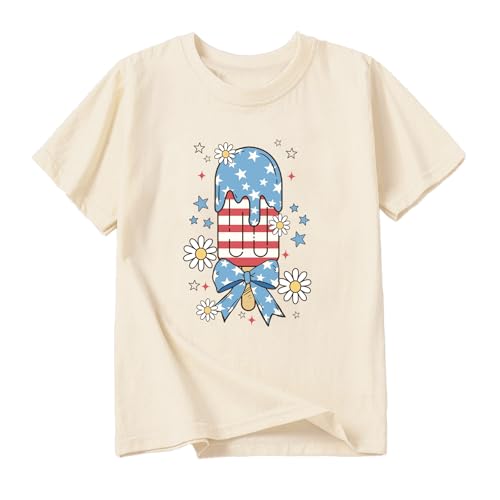 Image of Girl American Flag Shirts Bow Tshirt 4th of July Shirt Cotton Short Sleeve Tees 2-12 Years