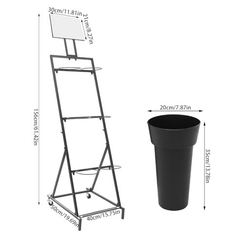 KIOMGLE 3 Tier 6 Black Bucket Flower Display Stand, Iron Decorative Flower Display Stand Indoor Outdoor Flower Cart Ladder Shelf Metal Moving Bouquet Shelf with Wheels for Garden Courtyard Florist
