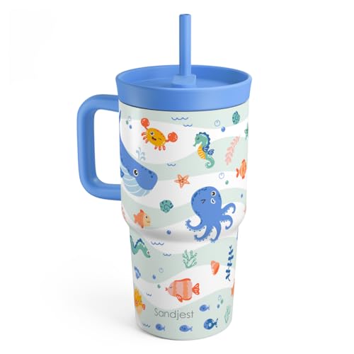 SANDJEST Sea Animals Stainless Steel Tumbler 20oz with Handle and Silicone Straw Locking Lid for Kids Boys Girls, Birthday Christmas Back to School by SANDJEST - Used condition - US$14.25