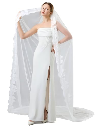 Uesjoyw 118 Inch 1 Tier Cathedral Wedding Veil with Lace