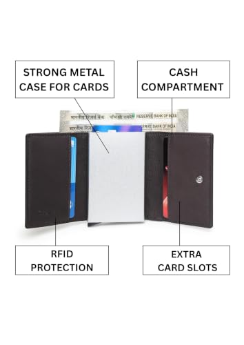 Image of BLACKTHORNE Men's RFID Blocking Leather Wallet | Slim Trifold Wallet with Pop-Up Metal Card Holder for 6 Cards | Extra Card Slots, Cash Compartment & Secure Button Closure Travel Wallet (Brown)