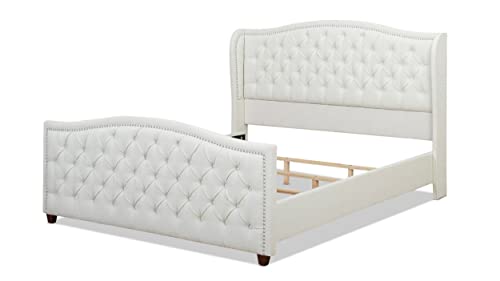 Jennifer Taylor Home Marcella Upholstered Shelter Headboard Bed Set, King, Antique White Polyester #TOP4