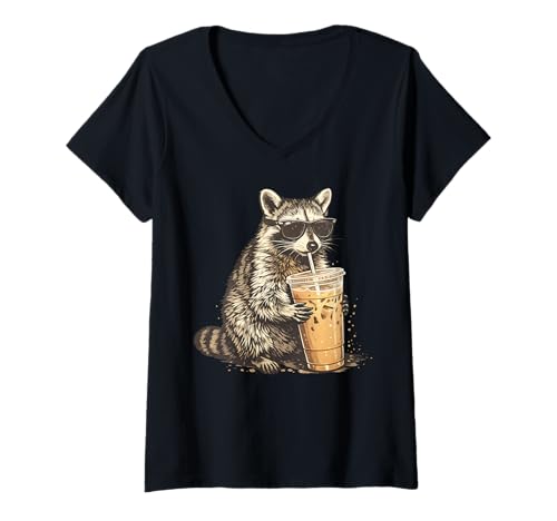 Women's Funny Sunglasses Raccoon Drinking Iced Coffee Lovers Meme V-Neck T-Shirt