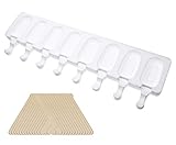 Mini Skater 8- Cavities White Silicone Ice cream Bar Mold Reusable DIY Classic Shape Ice cream Makers with 50Pcs Wooden Sticks for Homemade Ice cream,1PCS
