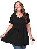 MONNURO Womens Plus Size Summer Tops Cute Babydoll Peplum Tunic Maternity Tops Loose Lightweight Breathable Fit V-Neck Short Sleeve Flowy Blouse(Black,3X)