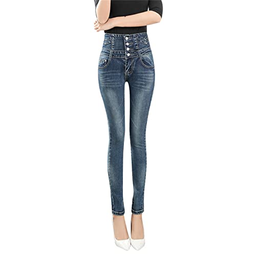 Maiyifu-GJ Women's High Waist Stretch Skinny Jeans Slim Fit 4 Button Denim Pants Tummy Control Butt Lifting Jean Trouser (Dark Blue,27)