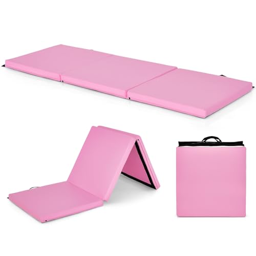 COSTWAY 180 x 60 x 5 cm Colchoneta de Gimnasia Plegable, Esterilla de Gimnasia con Superficie Impermeable y Algodon Perlado, Estera Suave de Yoga con 2 Asas para Niños Adultos (Rosa Puro)
