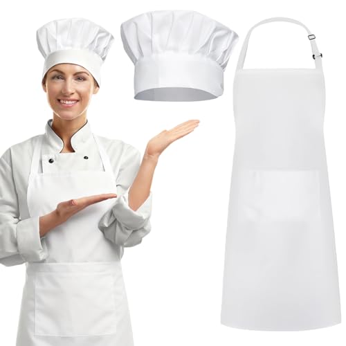MQIAN Tablier de Cuisine Homme Femme, Toque de Chef, Tablier Blanc Réglable pour Boulangerie, Cuisine, Maison, Restaurant