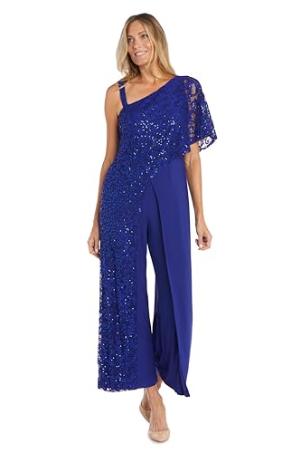 R&M Richards Women's Elegant Sequin Lace Capelet Jumpsuit | One-Shoulder Wide Leg Evening Cocktail Party Attire
