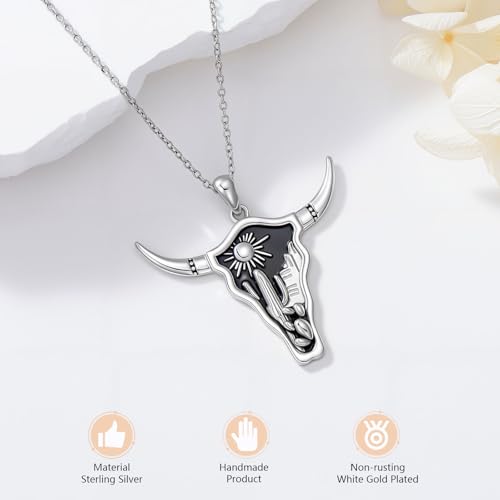 Western Turquoise Cow Necklace for Cowgirl Cowboy, 925 Sterling Silver 18k White Gold Plated Cow Cattle Pendant Necklace2