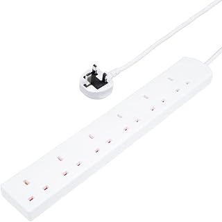 Invero® 6 Way Gang Power Mains Extension Lead 2M Metre Cable British Approved 13A Amps - White