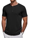 COOFANDY Herren T Shirt Henley Shirts Kurzarm Baumwolle T Shirt mit Knopfleiste Männer Freizeit Basic Top Schwarz XL