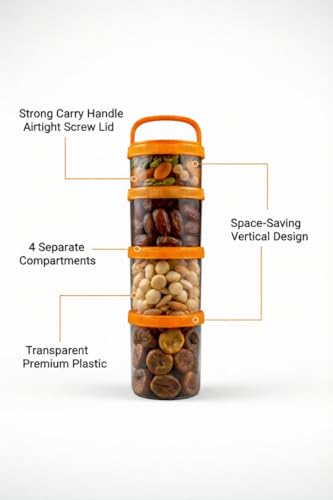 Image of MG Trader's 4 Layer Twist Lock Storage Jar | Stackable BPA-Free & Snack Container | Non-Spill Portable Travel Food Storage for Protein Powder, Dry Fruits & Nuts | 1 PCS | Orange | (OSJ04)