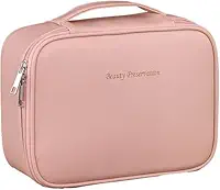 Necessaire Para Maquiagem em Couro PU Compacta com Estojo Porta Pincéis Zíper Duplo Organizador para Viagem Design Elegante e Resistente (Rosa)