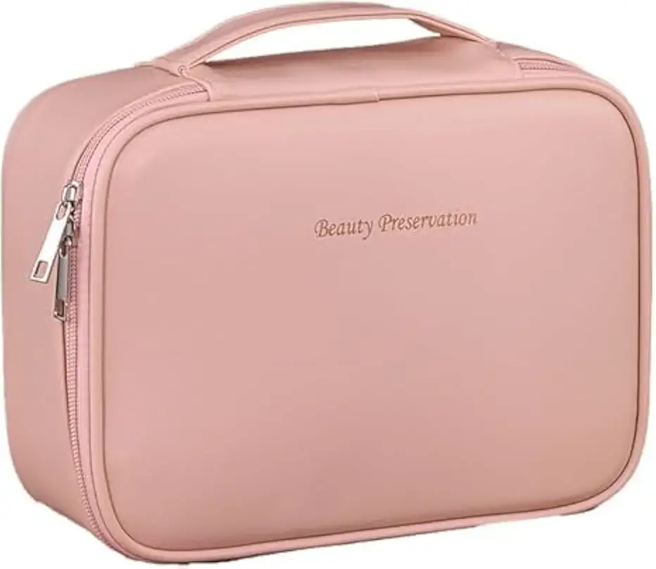 Necessaire Para Maquiagem em Couro PU Compacta com Estojo Porta Pincéis Zíper Duplo Organizador para Viagem Design Elegante e Resistente (Rosa)