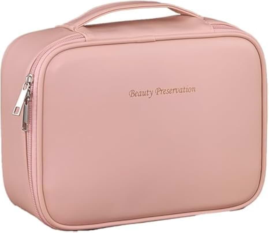 Necessaire Para Maquiagem em Couro PU Compacta com Estojo Porta Pincéis Zíper Duplo Organizador para Viagem Design Elegante e Resistente (Rosa)