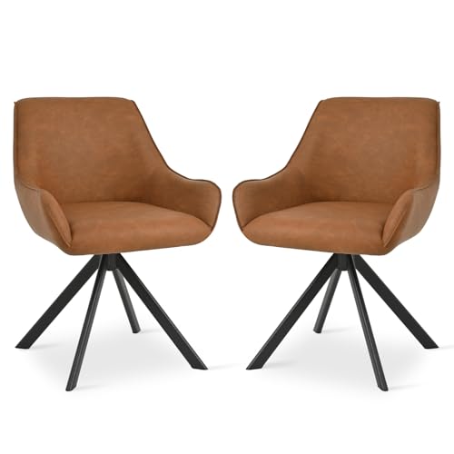 Goeurvant Swivel Dining Chairs Set of 2 with Armrests,360° Swivel Upholstered Chairs,Modern PU Leather Chair,Kitchen Chair with Metal Frame and Backrest for Dining Room,Living Room,Office, Brown ﻿