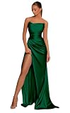 IHUADE Women's Long Satin Bridesmaid Dresses Emerald Green for Wedding Corset Mermaid Strapless Formal Evening Dress with Split Size 10