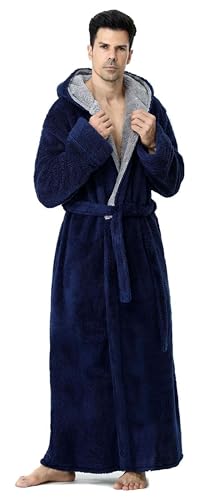 Men's Plush Hooded Robe with Pockets - Long Fleece Bathrobe, Warm Winter Shawl Collar Housecoat, Sizes M-XXL, Navy Blue
