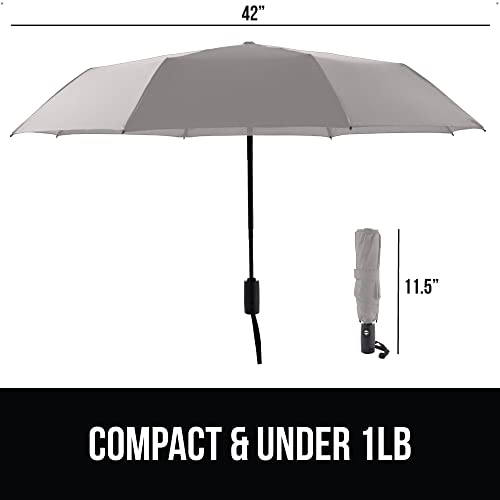 Image of GORILLA GRIP Compact Travel Size Umbrella for Rain, Sleek Design Fits Backpack, Purse and Carry On, Lightweight Under 1lb, One Click Open and Close, Wind Resistant, Durable Waterproof Quick Dry, Gray