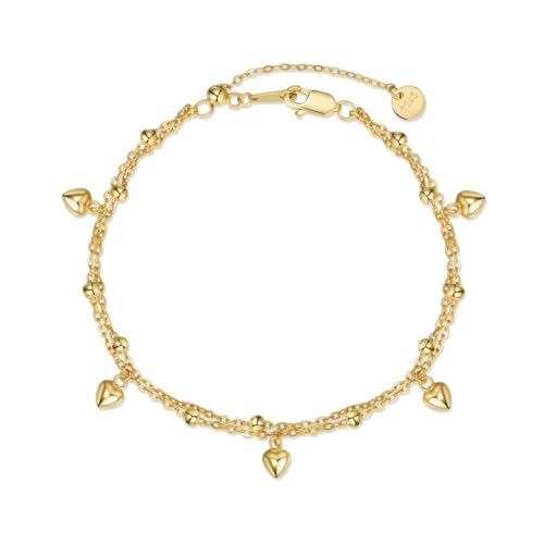 Bracelet double couche en argent sterling plaqué or et jonc cœur ajustable pour femme