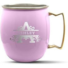 Personalized Custom Pink Mug Smooth Finish Moscow Mule with Brass Handle | Detailed Vines Monogram Engraved Bar Style Cup, 18 oz | Single
