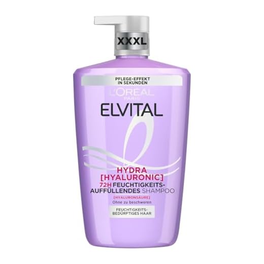 L'Oréal Paris Elvital Hydra Hyaluronic feuchtigkeitsspendendes XXXL Shampoo für glänzendes Haar, Hyaluron Shampoo für einen Feuchtigkeitsboost & Schutz, langanhaltende Feuchtigkeit und Pflege, 1000ml