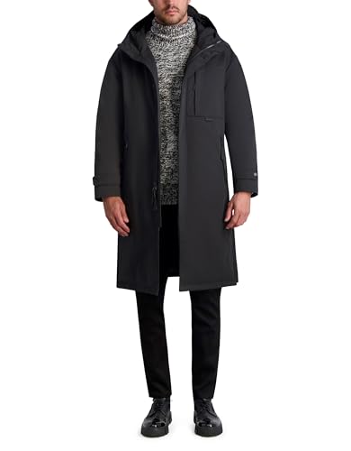 Karl Lagerfeld Paris Men's Chest Zip Pocket Hooded Long Puffer Coat, Black