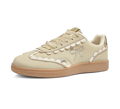 LUCKY STEP Women’s Lace Detail Casual Sneakers Organza Ribbon Lace-Up