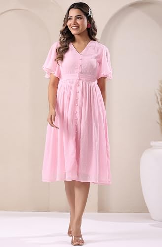 Image of Janasya Women's Light Pink Dobby Chiffon Self Design A-line Dress