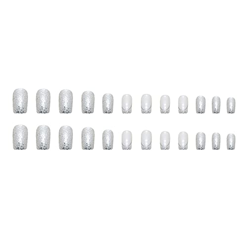 French Tip Press On Nails Square Fake Nails Silver Acrylic Nails Full Cover False Nails With Glitter Design Medium Artificial Nails Glossy Stick On Nails Medium Glue On Nails For Women Girls 24Pcs #TOP1
