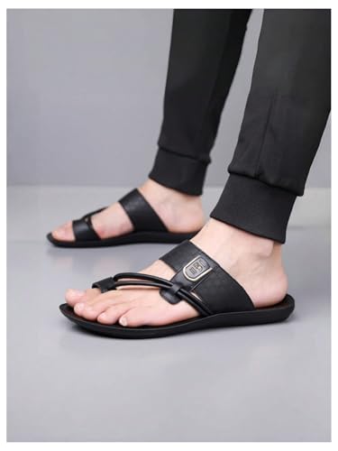 Image of GORGLITTER Men's Leather Sandals Slide Beach Outdoor Round Flip Flops Slip On Slippers