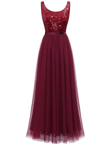 Image of BeryLove Sequin Dress for Woman Vintage A Line Wedding Formal Swing Mesh Dress Sleeveless Cocktail Maxi Gowns