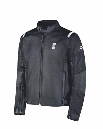 OJ Giacca da Moto Flow Tessuto Traforato, Protezioni Certificate Spalle e Gomiti, Regolazioni Multiple, Predisposizione Protezione Schiena (IT, Testo, L, Regular, Regular, Nero)
