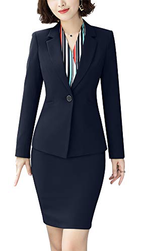 Women Two Pieces Blazers Work Office Lady Suit Business Blazer Jacket&Pant (Navy, 3XL)