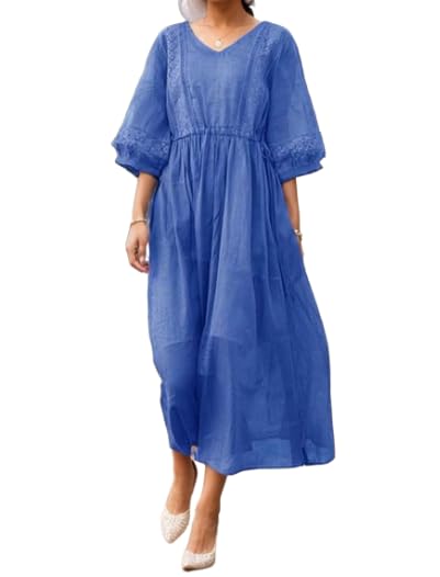 TIAFORD Women Casual Cotton Linen Maxi Dress Summer V Neck Tie Waist 3/4 Sleeve Beach Swing Flowy Dress 2025 with Pocket