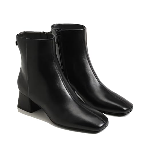 RJYLP Womens Ankle Boots Square Toe Low Chunky Block Heel Booties with Side Zipper Comfortable Dress Short Boots Shoes