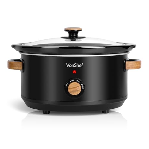 VonShef Slow Cooker 3.5L - Nordic Design Large Slow Cooker with Removable Non-stick Ceramic Bowl, Tempered Glass Lid, 3 Heat Settings & Keep Warm Function & Cool Touch Handles - Fika Range